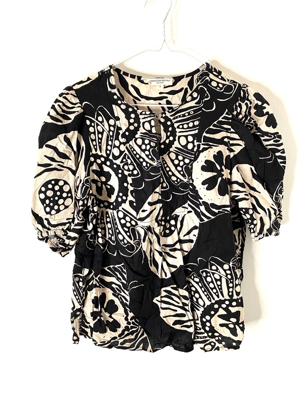 Christian Siriano Linen Blend Black Beige Abstract Print Swing Blouse